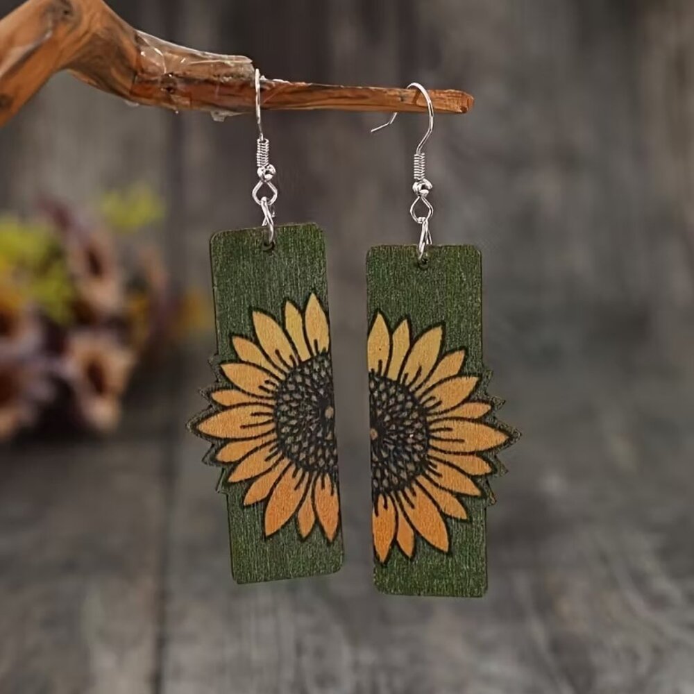 Sunflower Wooden Green Dangle Drop Earrings